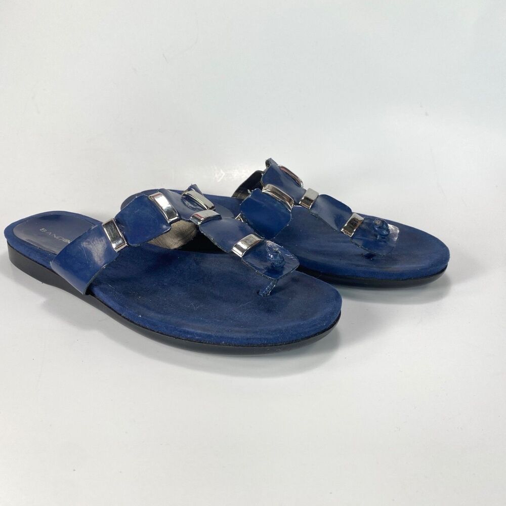 Bandolino Dark Blue Slip-On Flat Sandals 6M Silver Metal Detail Peasant Boho